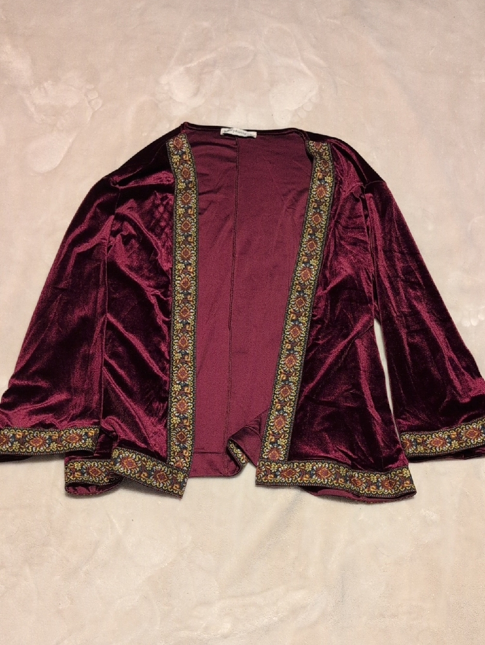 Embellished Velvet Open Front Jacket - Burgundy
